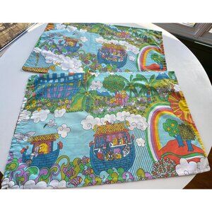 Vintage 70s pillowcases, Sears Noah's Ark, blue, purple, orange, pair